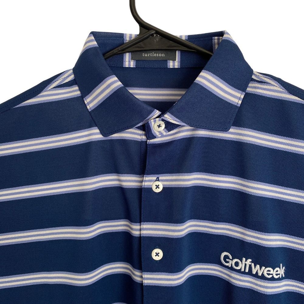 Turtleson Golfweek Golf Polo Shirt Men's Size M Blue Striped‎ Short Sleeve